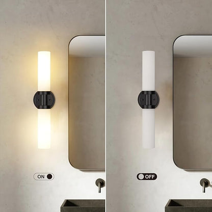 Black Bathroom Light Fixtures, 2-Light Wall Sconces Lighting W/White Glass Shade, Modern Vanity Lights for Mirror, Wall Mounted Lamp, E26 T10 Bulbs(Excluded)