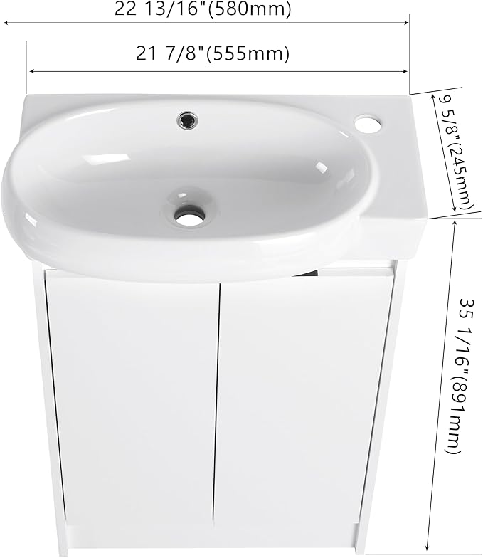 Henf 23" Freestanding Bathroom Vanity with Sink Set for Small Space, Soft Close Doors Round Ceramic Basin Floor Mount Bathroom Cabinet, Vanity and Sink Combo for Home, White