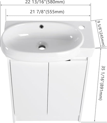 Henf 23" Freestanding Bathroom Vanity with Sink Set for Small Space, Soft Close Doors Round Ceramic Basin Floor Mount Bathroom Cabinet, Vanity and Sink Combo for Home, White