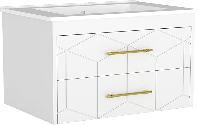 IDEALHOUSE Floating Bathroom Vanity with Sink 30 inch, Modern Bathroom Sink Cabinet, Ceramic Vanity Top, 2 Large Storage Drawers with Gold Metal Handle, Easy to Assembly, White