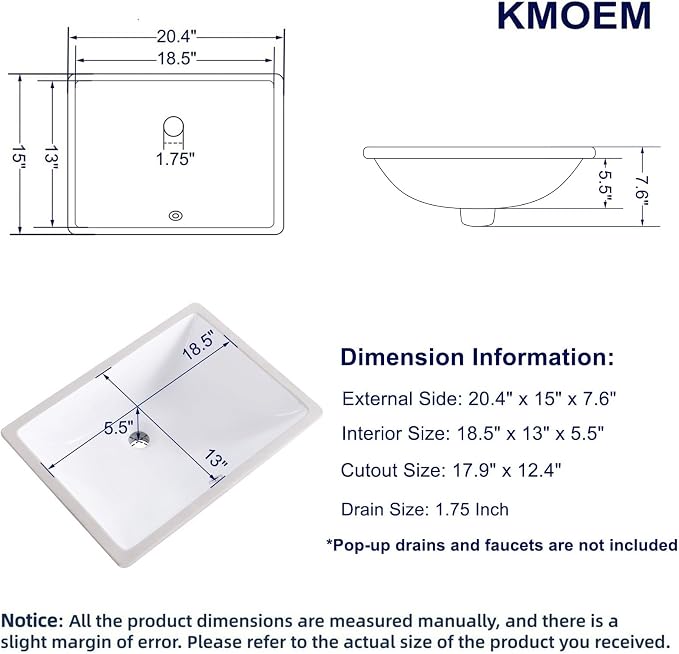 Undermount Bathroom Sink 20x15 Inch Vessel Sink White Porcelain Ceramic Under Counter Lavatory Vanity Sink Basin Rectangular Undermount Sinks with Overflow