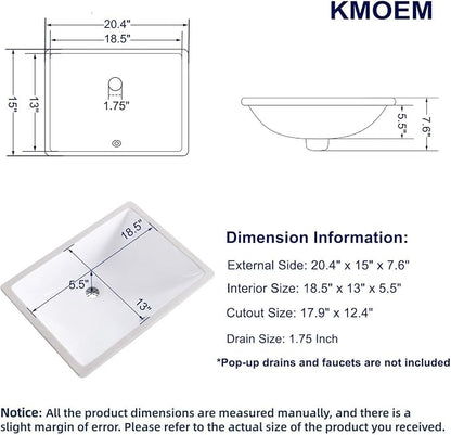Undermount Bathroom Sink 20x15 Inch Vessel Sink White Porcelain Ceramic Under Counter Lavatory Vanity Sink Basin Rectangular Undermount Sinks with Overflow