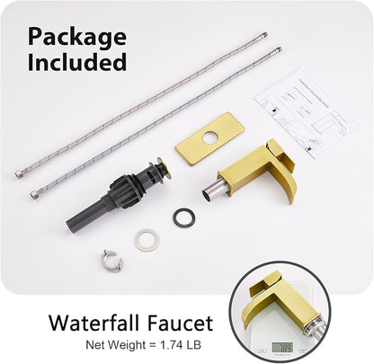 Faustina Brushed Gold Waterfall Bathroom Faucet, Single Handle Wide Spout Stainless Steel Gold Vanity Sink Faucet with Pop Up Drain & Deck Plate for 1 or 3 Hole