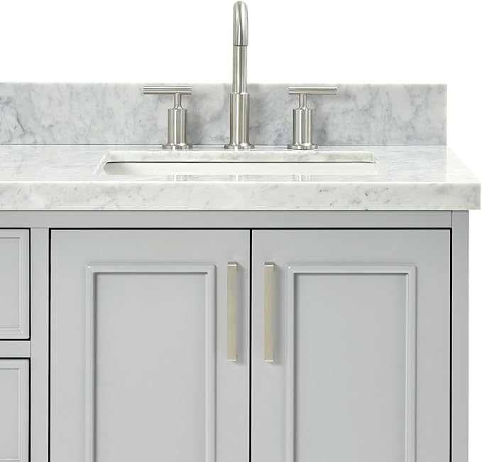 ARIEL Stafford 60-inch Bathroom Vanity with Sink,Solid Wood, 1.5-inch Italian Carrara Marble Countertop, Double Rectangular Porcelain Sink, 4 Soft Closing Doors, 6 Dovetail Drawers, Grey