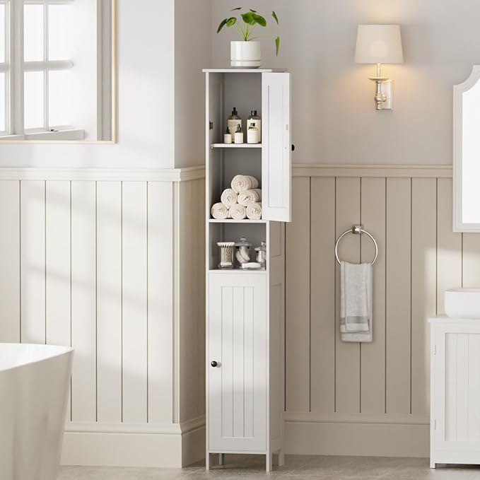 Tall Bathroom Storage Cabinet with 2 Doors, 67"H Narrow Storage Cabinet with Adjustable Shelves& Anti-Tip Design, Reversible Door Installation, Easy Assembly, 11.8 x 11.8 x 66.9 Inches, White