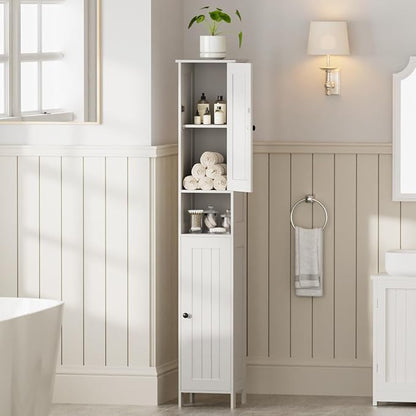 Tall Bathroom Storage Cabinet with 2 Doors, 67"H Narrow Storage Cabinet with Adjustable Shelves& Anti-Tip Design, Reversible Door Installation, Easy Assembly, 11.8 x 11.8 x 66.9 Inches, White
