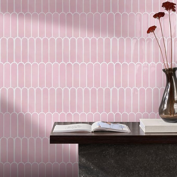 Commomy Thicker Pink Peel and Stick Tile Backsplash - 10 pcs of 12" x 12" - 3D Adhesive Peel and Stick Backsplash for Kitchen, Bathroom, Removable, Waterproof, Vinyl Wall Tile