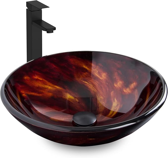 Bathroom Artistic Vessel Sink, Tempered Glass Vanity Round Bowl, Flame Red | Black Faucet, Pop Up Drain, Above Counter, Easy Clean