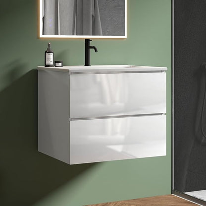 24" Bathroom Vanity with Sink, Modern Floating Vanity with Double Soft Closing Drawers, Large Storage for Small Space, Glossy White, Fully Assembled - Iris Collection