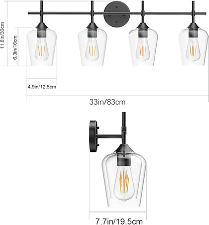 Ralbay Vintage Bathroom Vanity Lighting Fixtures 4-Lights Industrial Matte Black Finish with Clear Glass Vanity Lights Farmhouse Bathroom Vanity Lights Wall Sconce
