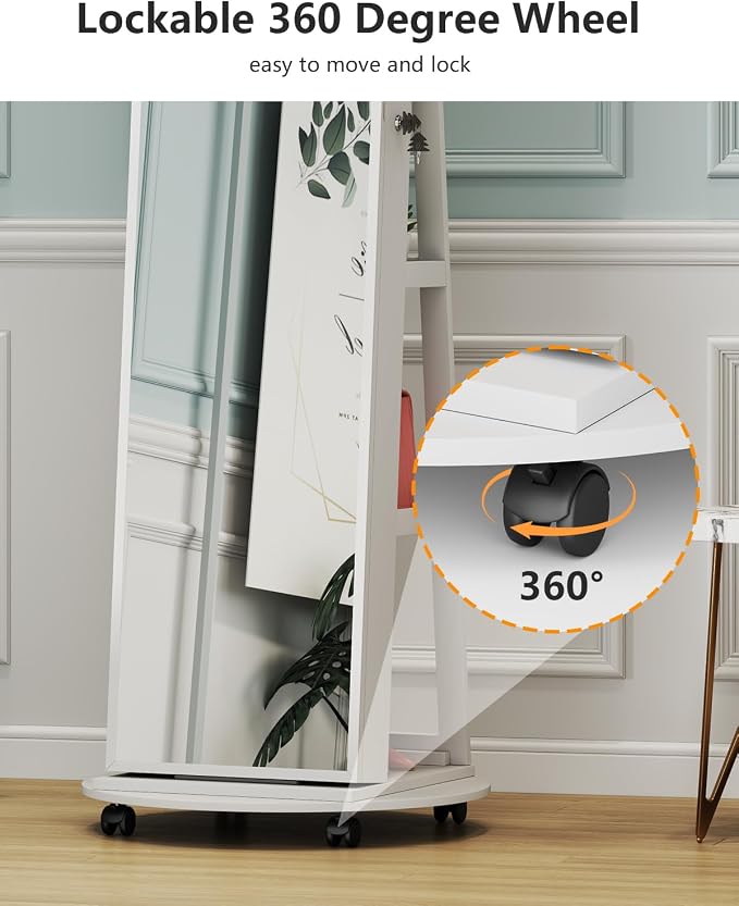 Full Length Mirror with Jewelry Storage, 360° Rotating Jewelry Armoire Organizer with Lights, Lockable Mirror Jewelry Cabinet Standing, Jewelry Mirror Cabinet for Gifts (White)