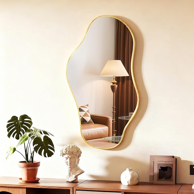 Irregular Wall Mirror, 18"x32" Asymmetrical Mirror with Metal Frame, Decorative Wall Mirror for Entryway Bathroom Living Room Bedroom, Horizontal or Vertical Hanging