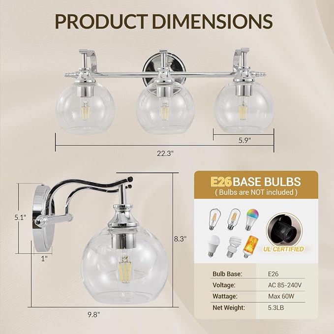 Chrome Vanity Light, 3-Light Polished Silver Bathroom Light Fixture Over Mirror, Modern Wall Sconce with Clear Glass Shade, Industrial Wall Lighting for Living Room, Bedroom, Hallway, 22.3"