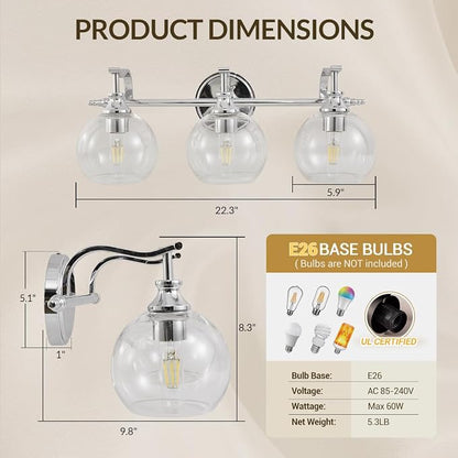 Chrome Vanity Light, 3-Light Polished Silver Bathroom Light Fixture Over Mirror, Modern Wall Sconce with Clear Glass Shade, Industrial Wall Lighting for Living Room, Bedroom, Hallway, 22.3"