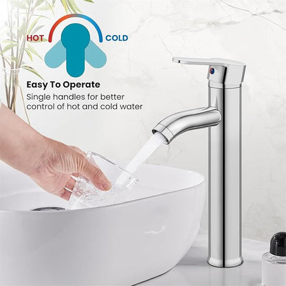 gotonovo Modern Vessel Sink Faucet with ABS Pop Up Drain, Polish Chrome | Modern Tall Bathroom Faucet 1 Hole Single Handle Round Body, cUPC Water Supply Hoses, Basin Mixer Tap for Vanity Lavatory Rv