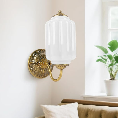 Milk Glass Sconce Vintage Vanity Sconces Brass, Bulb Included | Milk Glass Art Deco Antique Wall Sconce Wall Light for Bedroom Bathroom Living Room Entryway, Antique Gold and White 1 Pack