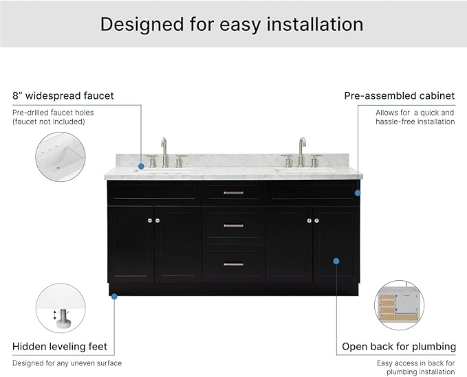 ARIEL Hamlet 72-inch Bathroom Vanity with Sink,Solid Wood, 1.5-inch Italian Carrara Marble Countertop, Double Rectangular Porcelain Sink, 4 Soft Closing Doors, 3 Dovetail Drawers, Black