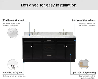 ARIEL Hamlet 72-inch Bathroom Vanity with Sink,Solid Wood, 1.5-inch Italian Carrara Marble Countertop, Double Rectangular Porcelain Sink, 4 Soft Closing Doors, 3 Dovetail Drawers, Black
