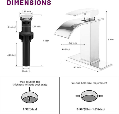 Bathroom Faucet Single Handle Waterfall Bathroom Sink Faucets | Waterfall Spout,Stainless Steel,with Sink Drain Assembly and Basin Plate,Deck Mount,for Lavatory Vanity Sink,Chrome