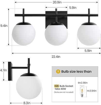 AIJIASI Black Bathroom Vanity Light, 3-Light Bathroom Lighting Fixtures Over Mirror with Milky White Globe Glass Shade, Mid Century Modern Vanity Lights Fixture Over Mirror 22.4 Inch