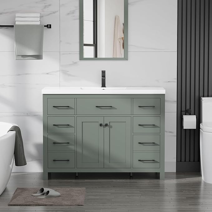 LUCKWIND 48" Modern Bathroom Vanity with Sink Combo, Contemporary Painted Storage Cabinet and Single White Sink, Include Soft-Closing Doors & Matte Black Faucet, Green