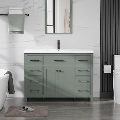 LUCKWIND 48" Modern Bathroom Vanity with Sink Combo, Contemporary Painted Storage Cabinet and Single White Sink, Include Soft-Closing Doors & Matte Black Faucet, Green