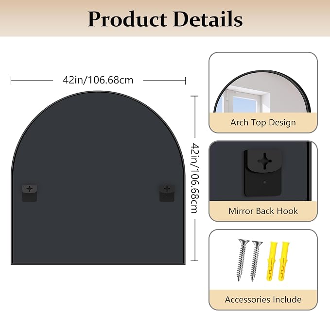 COFENY Arched Mirror, 42’’x42’’ Black Arch Mirror for Bathroom, Large Arched Bathroom Mirror with Frame, Modern Wall Mounted Mirror for Over Sink Mantle Bedroom Vanity Living Room Entryway