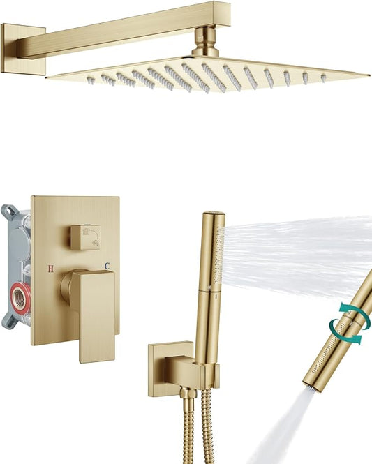 Aolemi Shower System with Rainfall Shower Head and Handheld Wall Mount,High Pressure Shower Faucet Set Fixture Combo with 2 in 1 Handheld Spray Rough-in Valve,12 Inch Shower Head Brushed Gold | High-Pressure Shower Faucet Set with Dual-Function Handhel...