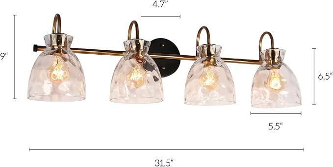 KSANA Bathroom Vanity Lights, Mid-Century Modern 4 Light Bathroom Light Fixtures Black and Electroplated Copper Vanity Lights with Water Ripple Glass