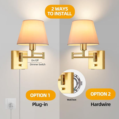 Bedside Wall Mount Light with Dimmable Switch, Swing Arm Fabric Shade Wall Sconce Light with USB Port and Plug in Cord, Gold Wall Lamp for Bedroom, Living Room and Hotel