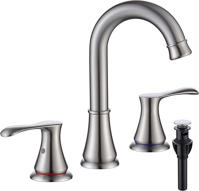 3 Hole Bathroom Faucet with Pop Up Drain and cUPC Faucets Supply Hose, WiPPhs 360 Degree Swivel Spout 2 Handle 8 inch Brass Widespread Bathroom Sink Faucet, Basin Faucet Mixer Taps (Brushed Nickel)