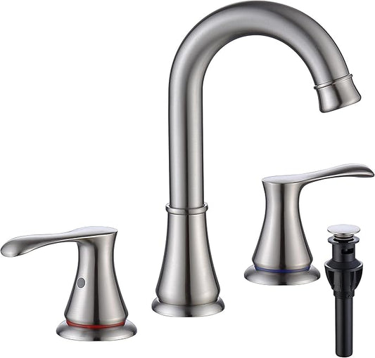 3 Hole Bathroom Faucet with Pop Up Drain and cUPC Faucets Supply Hose, WiPPhs 360 Degree Swivel Spout 2 Handle 8 inch Brass Widespread Bathroom Sink Faucet, Basin Faucet Mixer Taps (Brushed Nickel)