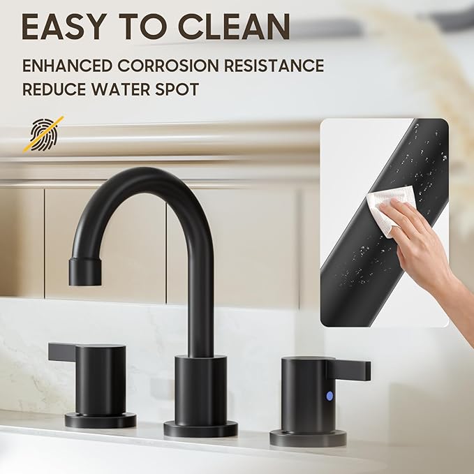 Phiestina Matte Black 8 Inch Widespread Bathroom Faucet 2 Handle 3 Hole Bathroom Vanity Faucet with Metal Pop Up Drain & Water Supply line,BF03042-K01-MB