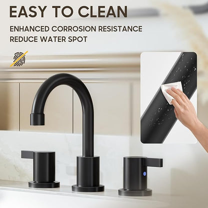 Phiestina Matte Black 8 Inch Widespread Bathroom Faucet 2 Handle 3 Hole Bathroom Vanity Faucet with Metal Pop Up Drain & Water Supply line,BF03042-K01-MB