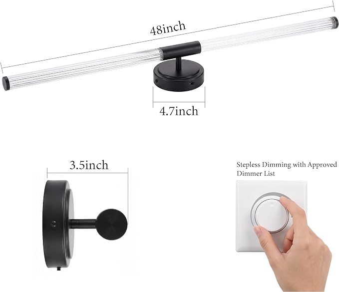 URSOLA 48" Modern LED Bathroom Light Fixtures, Matte Black 3CCT Dimmable Bathroom Vanity Light Over Mirror, Bathroom Vanity Bath Bar Lights with 360° Removable Acrylic Light Tube