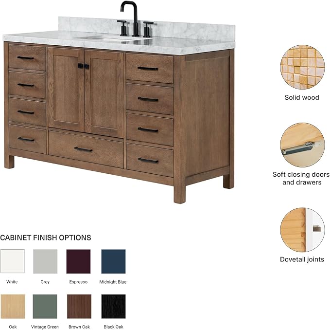 Beckford 60-Inch Brown Oak Single Bathroom Vanity with Sink, 1.5-Inch Edge Italian Carrara Marble Countertop & 4" Backsplash, Soft-Closing Doors & Drawers, Solid Oak Wood Construction
