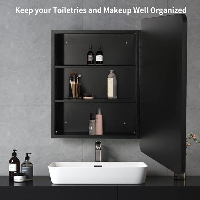 Movo Medicine Cabinet with Mirror, 20 Inch x 28 Inch Farmhouse Black Metal Framed Rectangle Bathroom Mirror Cabinet, Recess or Surface Mount