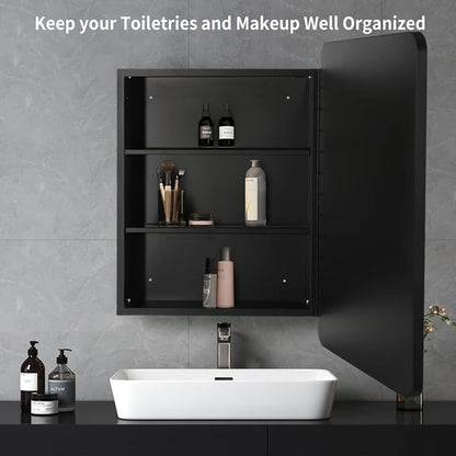 Movo Medicine Cabinet with Mirror, 20 Inch x 28 Inch Farmhouse Black Metal Framed Rectangle Bathroom Mirror Cabinet, Recess or Surface Mount