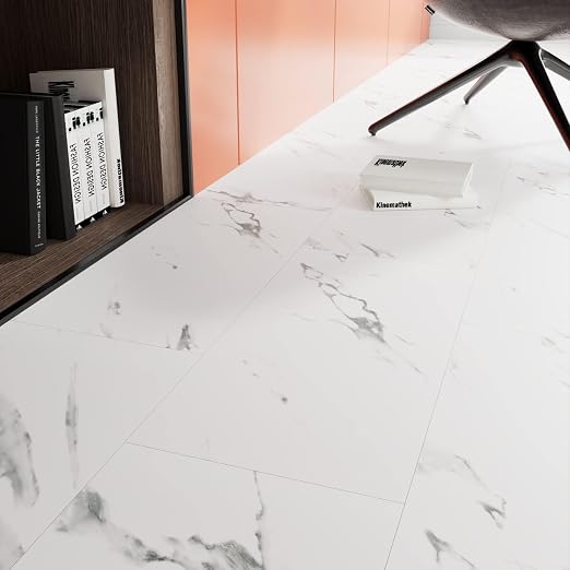 Stickyart 15-Piece White Marble Peel and Stick Floor Tile for Bathroom Floor Tile Peel and Stick on Wall Vinyl Flooring Roll Waterproof 12"x24" Self Adhesive Vinyl Flooring Tiles for Kitchen Bedroom