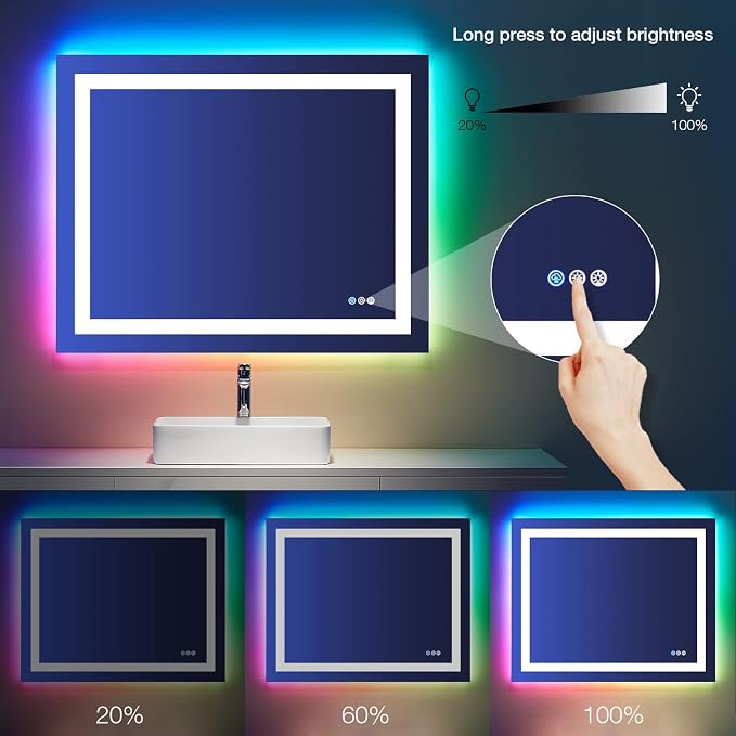 LOAAO 40"X30" RGB LED Bathroom Mirror with Lights, UL Listed | Anti-Fog, Dimmable, RGB Backlit + Front Lighted, Memory Function, Tempered Glass