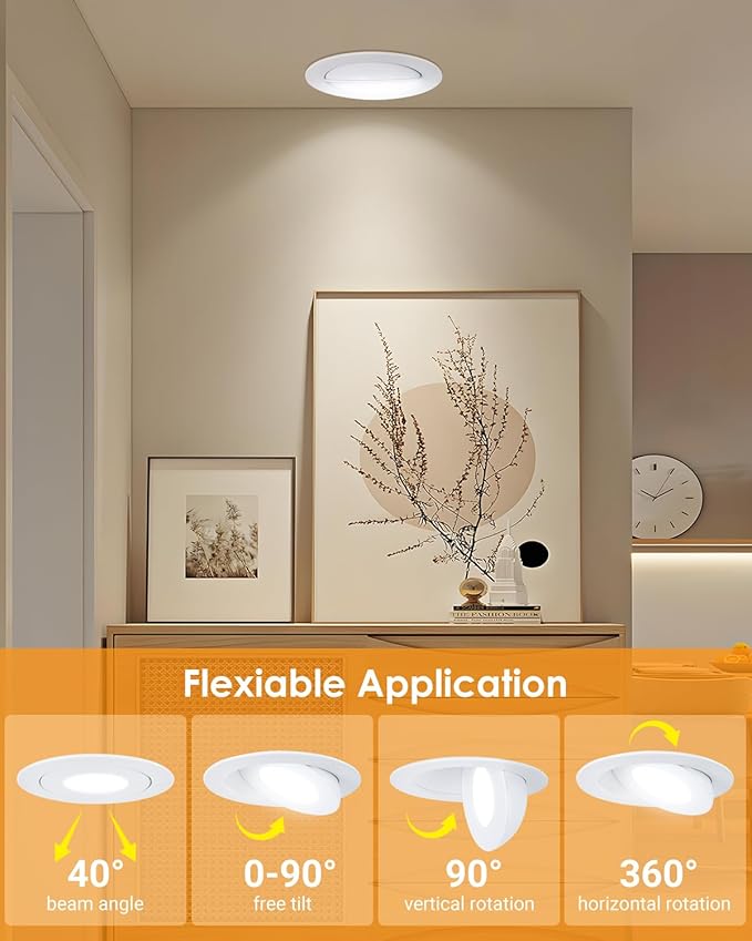 3 inch Recessed LED Lights 7W Gimbal Rotatable Directional Downlight,360°Adjustable Soffit Lighting Dimmable Swivel Eyeball, 90°Tilt Canless Swivel Spotlight 5CCT Selectable 6 Pack White
