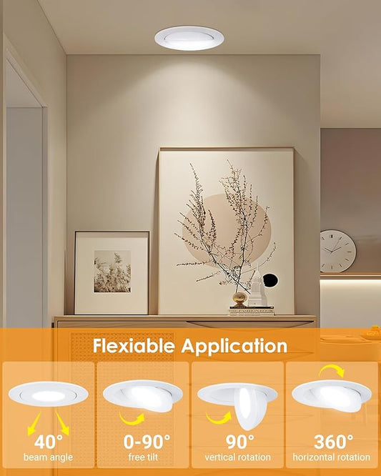 4inch Gimbal LED Recessed Light Recessed LED 4 inch White Swivel Gimbal Canless Light 360° Rotation 90° Tilt 4" 9W Eyeball Lighting Dimmable Adjustable Can Spotlights 5CCT White 4 inch 6 Pack