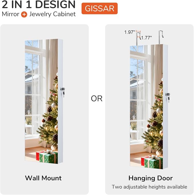 GISSAR Full Length Mirror Jewelry Cabinet, 6 LEDs Jewelry Armoire Wall Mounted Over The Door Hanging, Jewelry Organizer Display Storage Furniture with Lights Locker Mirrored Cabinet, 39.4" H, White