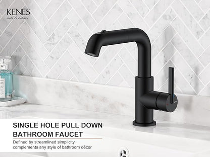 KENES Matte Black Bathroom Faucet with Pull Down Sprayer, Single Handle Bathroom Sink Faucet with Pull Out Sprayer, Vanity Bar Faucet with Pop Up Drain & Deck Plate, LJ-9055A-2