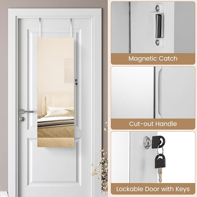 CHARMAID Jewelry Cabinet Wall or Door Mounted, Hanging Lockable Jewelry Armoire Storage with Full Length Mirror, Interior Makeup Mirror, Over the Door Jewelry Organizer Box with Mirror (White)