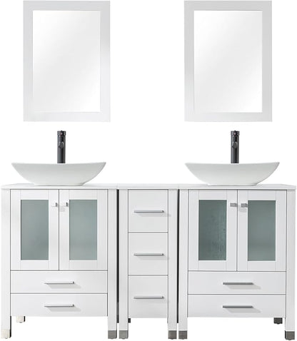 LUCKWIND 60" Double 24" Bathroom Vanity with Sink Combo, Elegant Series with One 12.6-in Side Cabinet, Painted Frame, Including Curved Rectangle Sinks, Faucets Without Mirrors, White