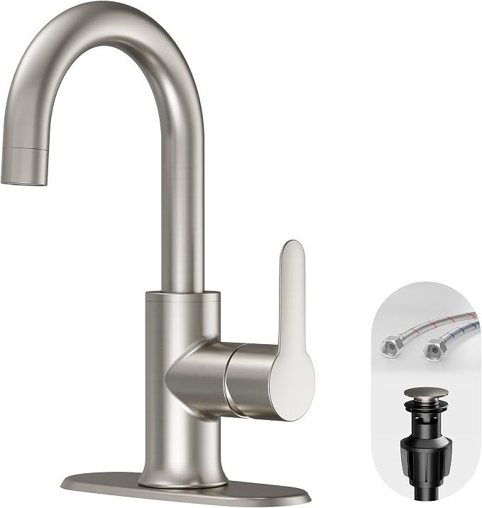 VXV Bathroom faucets Single Handle 360° Swivel Gooseneck Spout Optional Deckplate Bar Sink Faucet with Pop-up Drain and Hoses Brushed Nickel