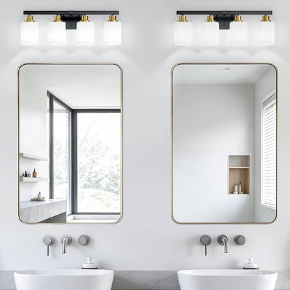 4-Light Vanity Light for Bathroom,Black and Gold Bathroom Light 24" | Bathroom Light Fixture with Square Frosted Glass, Wall Sconces fixtures Over Mirror Sink Restroom,Living Room Hallway