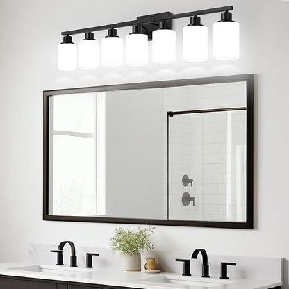 MOKATNG 7-Light Bathroom Light Fixtures, Vanity Light with Milky White Shades, Matte Black Bathroom Light Fixtures Over Mirror, Modern Bathroom Wall Lamp for Mirror Living Room Cabinet Bedroom