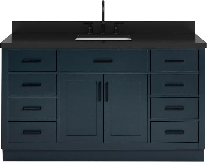 ARIEL Hepburn 60-inch Bathroom Vanity with Sink,Solid Wood, 1.5-inch Carbon Black Quartz Countertop, Single Rectangular Porcelain Sink, Soft Closing Doors, Dovetail Drawers, Midnight Blue
